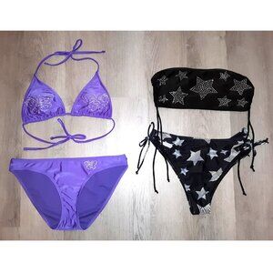 Lot of Y2k Rhinestone Bling Bikini Sets Size Large Butterfly Stars Purple Black